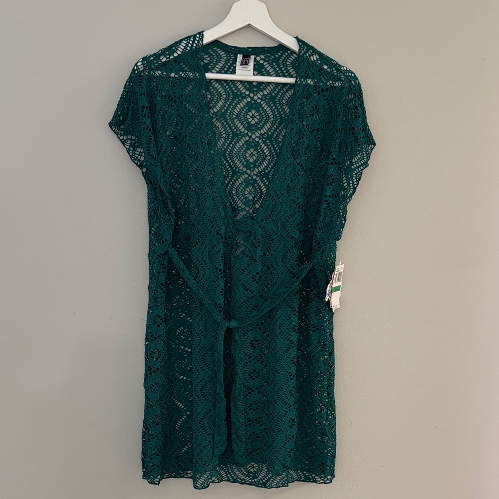 Becca Virtue Women‎ L/XL Lace Crochet Olive Green Open V-Front Cardigan Cover Up